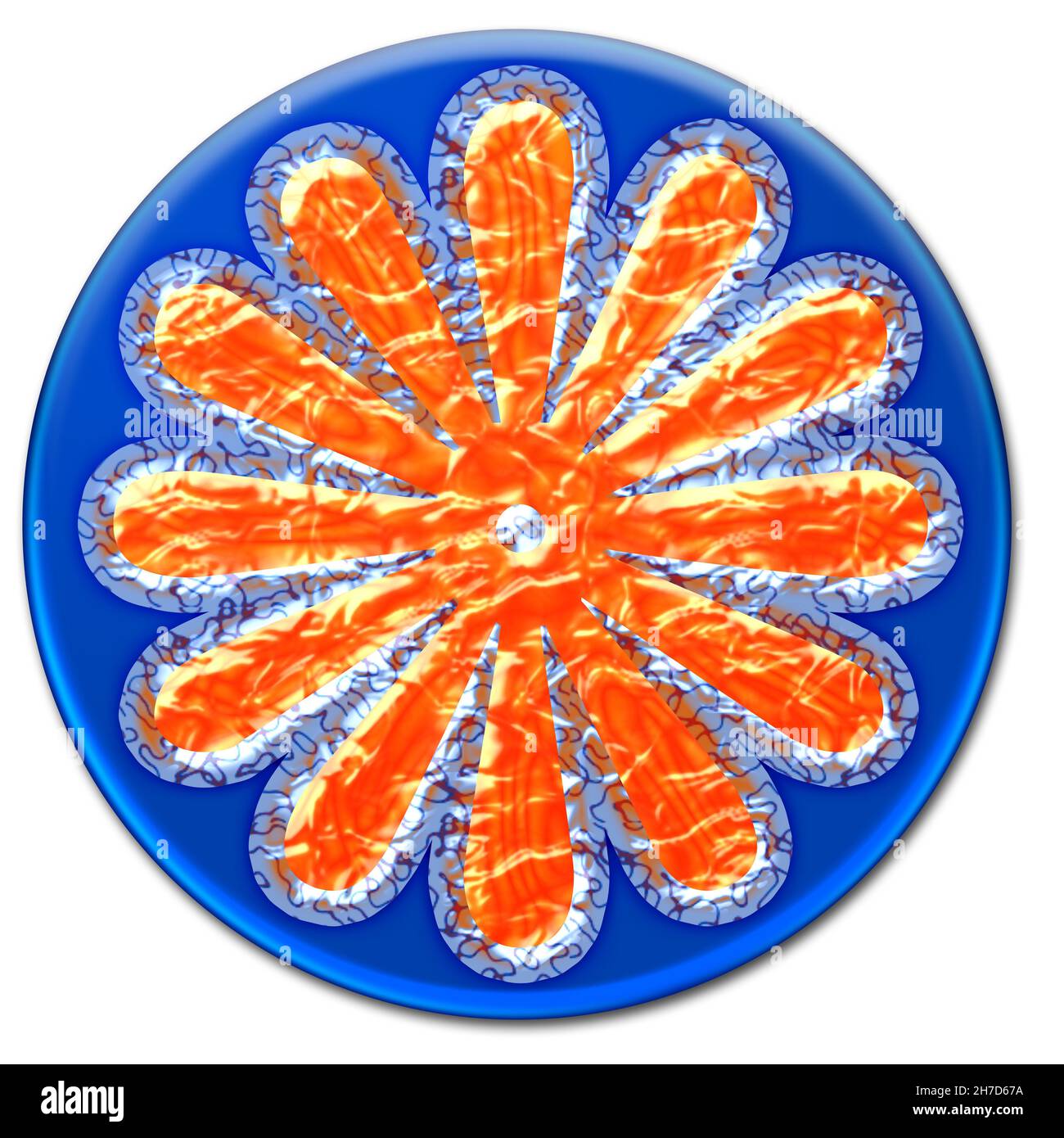 Fantastische surrealistische Blumendarstellung auf einem blauen, glasigen Knopf, isoliert auf weißem Hintergrund Stockfoto