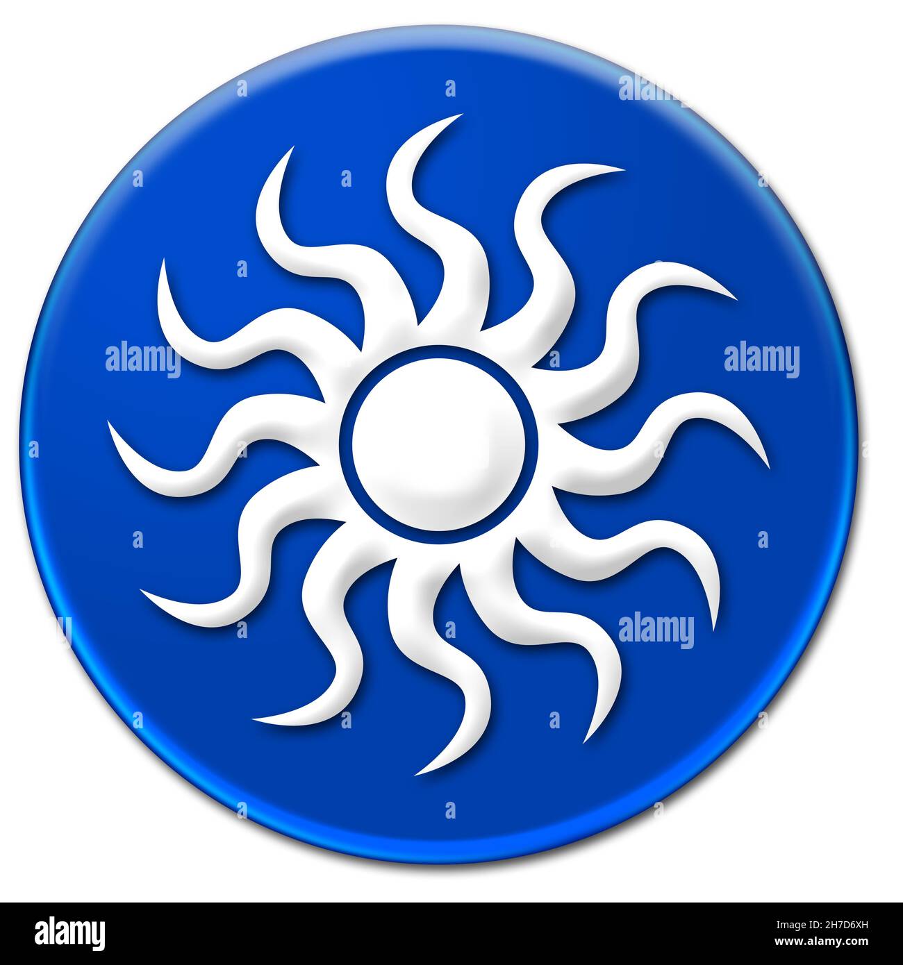 Illustration Kunst einer weißen Sonne auf einem blauen glasigen Knopf isoliert auf weißem Hintergrund Stockfoto