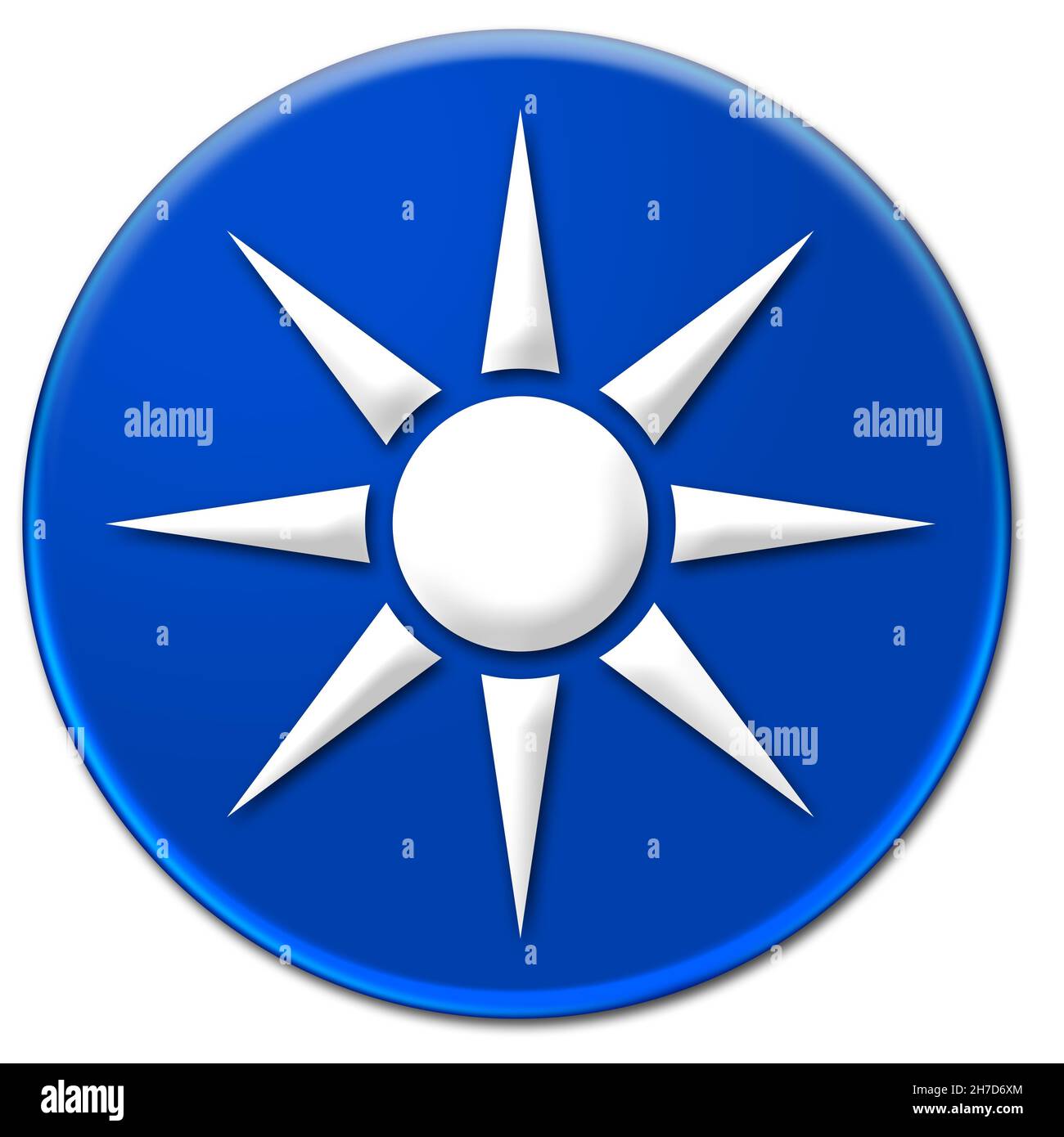Illustration Kunst einer weißen Sonne auf einem blauen glasigen Knopf isoliert auf weißem Hintergrund Stockfoto