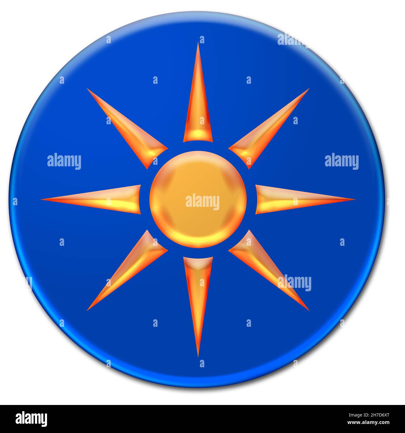 Illustration Kunst einer orangefarbenen Sonne auf einem blauen glasigen Knopf isoliert auf weißem Hintergrund Stockfoto