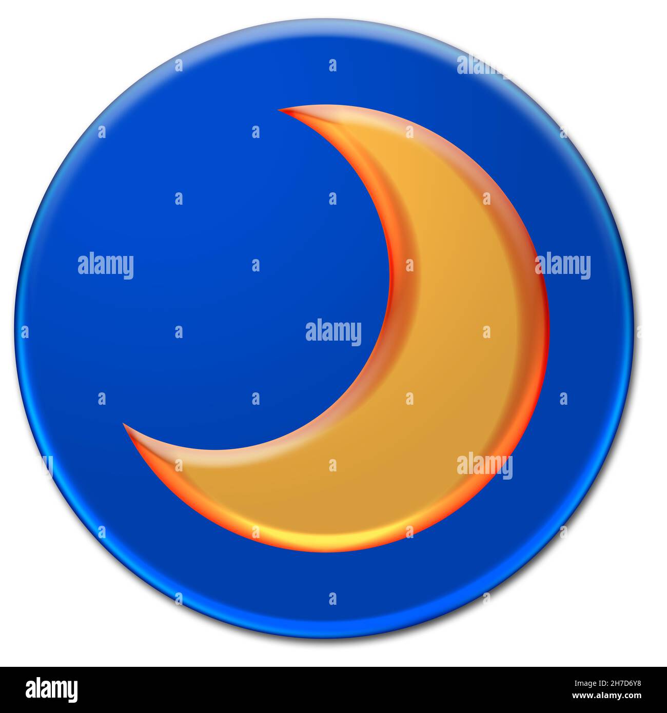 Abbildung eines orangefarbenen Mondes auf einem blauen, glasigen Knopf, der auf weißem Hintergrund isoliert ist Stockfoto