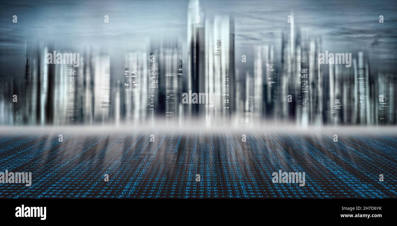 Technologiehintergrund mit Matrix und Skyline Stockfoto