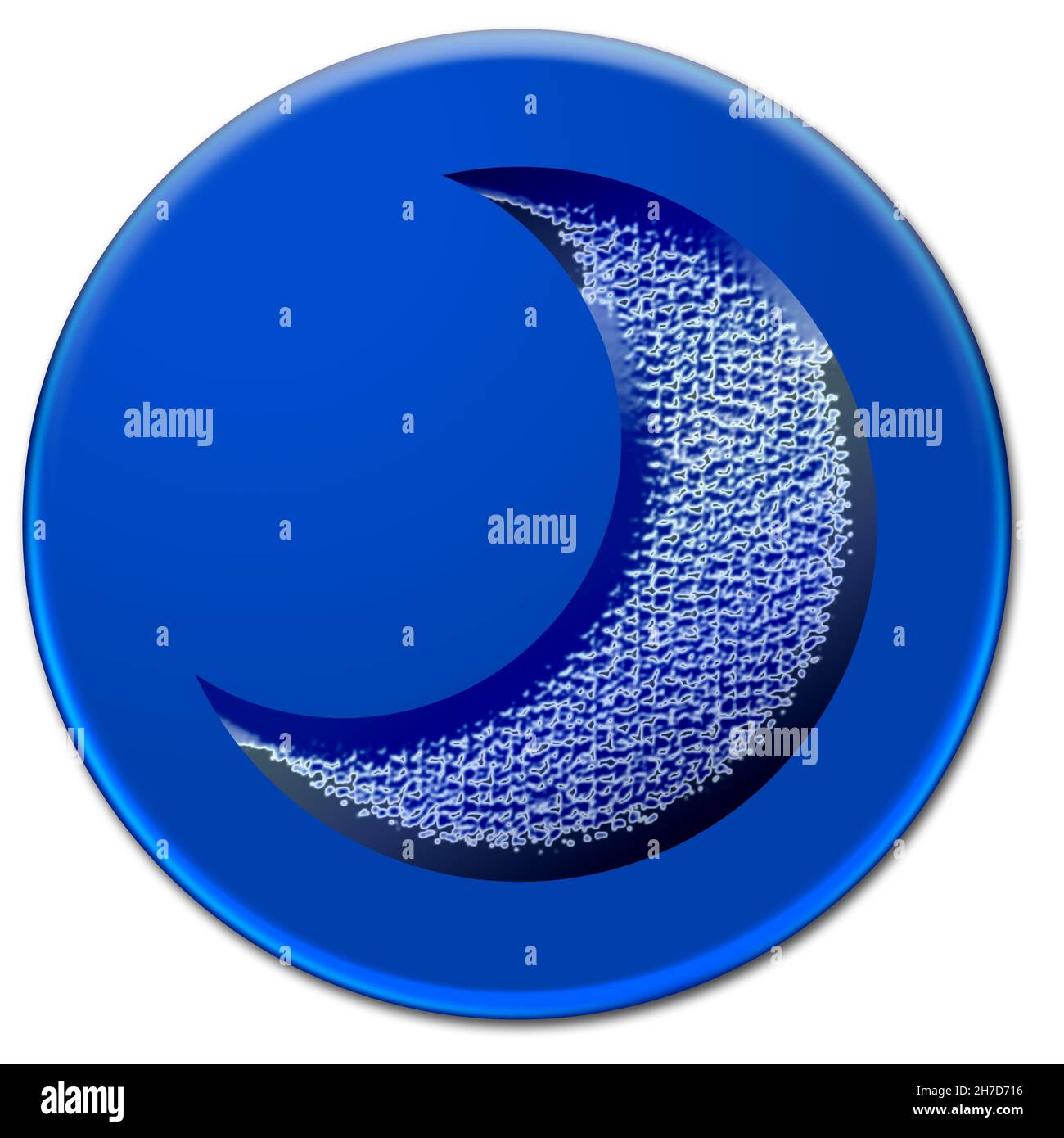 Abbildung eines eisigen, grungigen Mondes auf einem blauen Knopf, der auf weißem Hintergrund isoliert ist Stockfoto