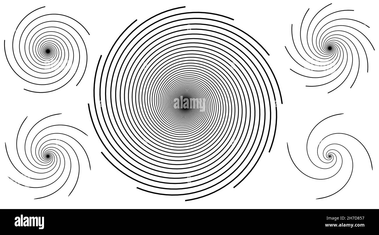 Schwarz-weiße spiralförmige Silhouetten, hochauflösende Symbole isoliert auf weißem Hintergrund Stockfoto
