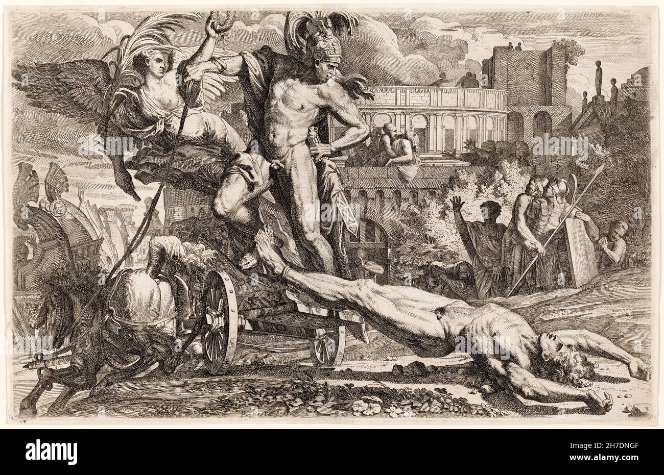 Achilles zieht den Körper von Hector, Radierung von Pietro Testa, 1612-1650 Stockfoto