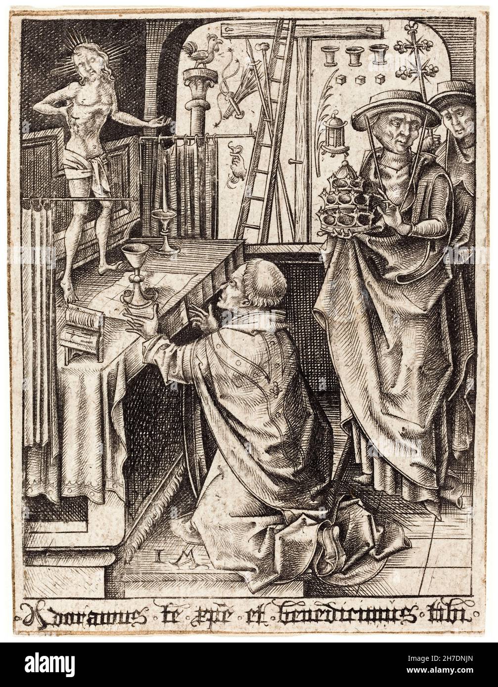 Israelhel van Meckenem, die Messe des hl. Gregor, Gravur, 1480-1490 Stockfoto