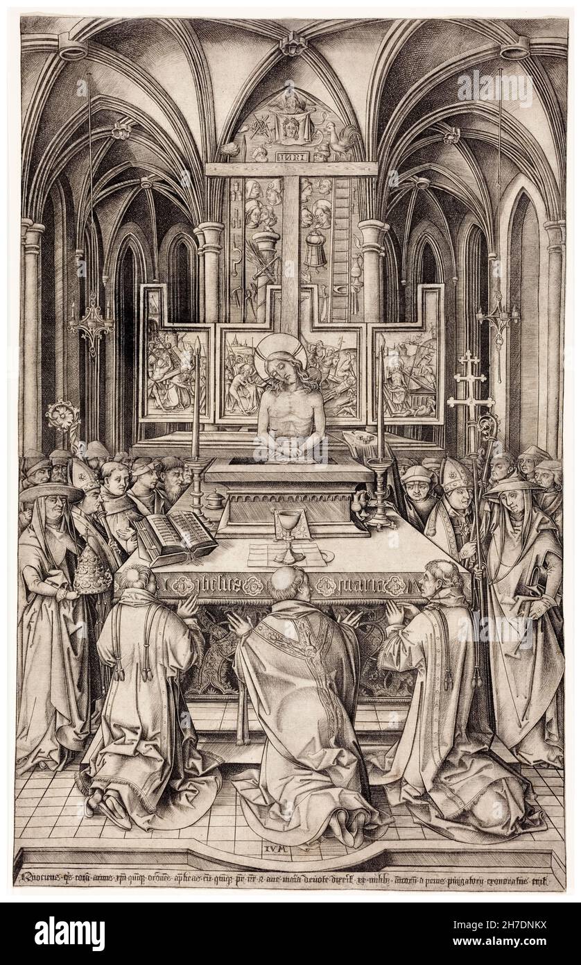 Die Messe des heiligen Gregor, Stich von Israelhel van Meckenem, 1490-1500 Stockfoto