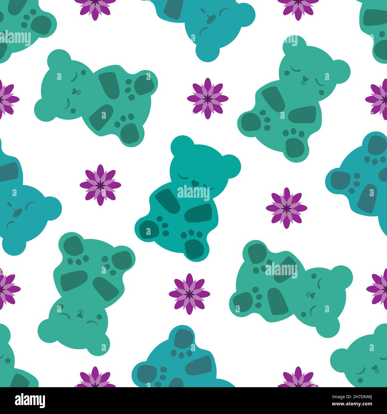 Schlafgummis Vektor nahtlose Muster Hintergrund. Hintergrund mit grünen Gummibären und lila Blüten. Niedliche Kawaii-Stil-Charaktere für einen guten Schlaf Stock Vektor