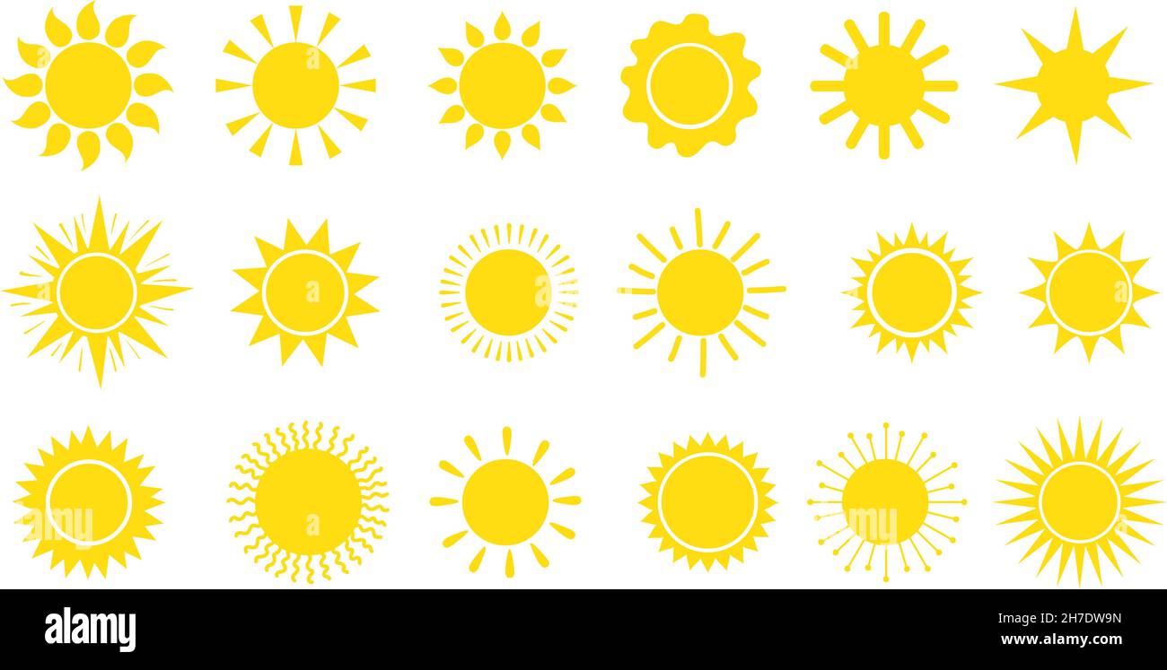 Symbole für warme Sonne. Sonnen-Vektor-Symbole, natürlicher Sonnenschein-Symbol-Satz, Piktogramme für sonnige Frühlings-Strahlen, Sommer-Sonnenwetter-Sonnenstrahlen, Sonnenschutzzeichen-Abbildung. Sommersonne und warmes Sonnenelement Stock Vektor
