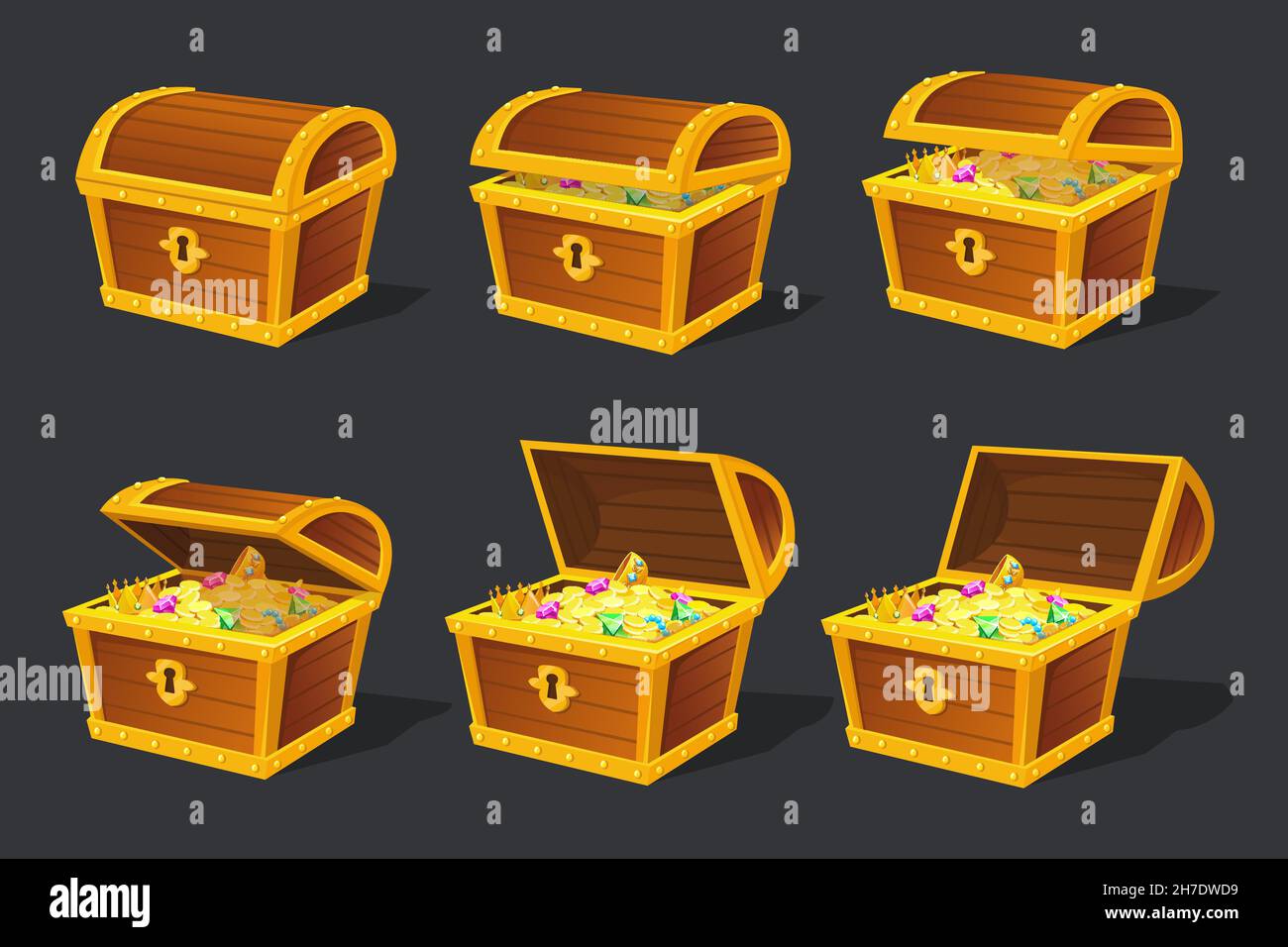 Treasures Truhe Animation. Schatzkiste animierte Rahmen, goldene Schatzmeister Spind Öffnung, Goldgeld alten Holz Fall für Spiele ordentlich Vektor-Illustration. Offene Box mit Schatzanimation Stock Vektor