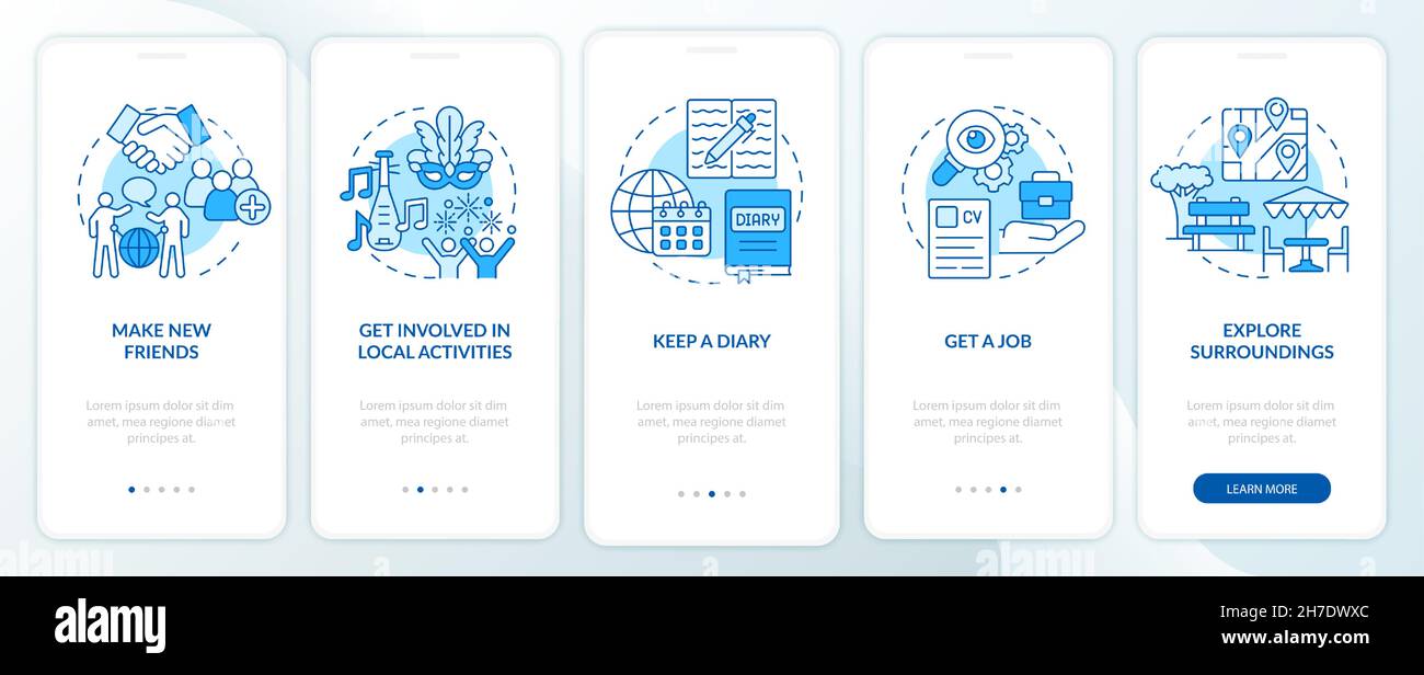 Anpassen an den blauen Bildschirm der mobilen App für das Onboarding im Ausland Stock Vektor