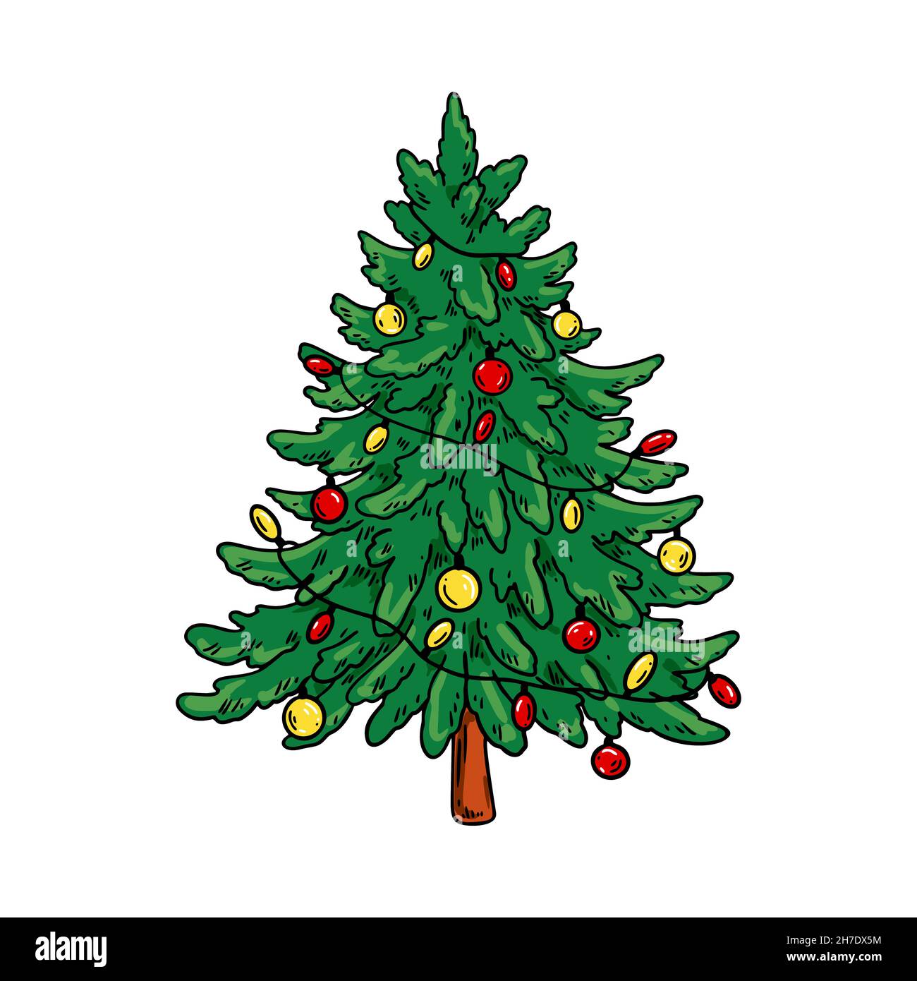 Handgezeichneter geschmückter Weihnachtsbaum. Vektorgrafik Stock Vektor
