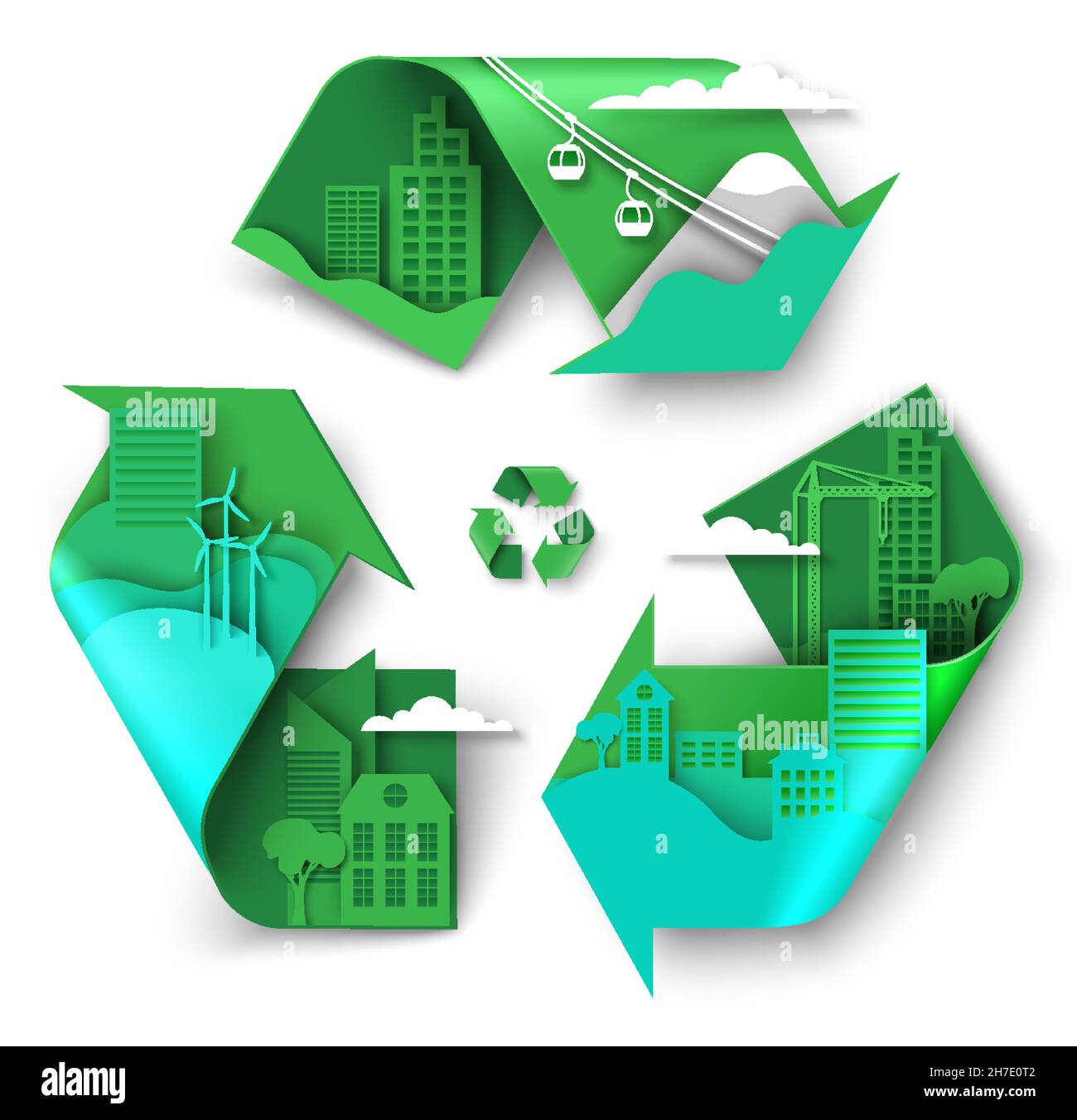 Recycling-Schild mit umweltfreundlichen Stadt, Berg Natur, saubere Energie Vektor Papier geschnitten Illustration. Nachhaltiges Stadtleben Stock Vektor
