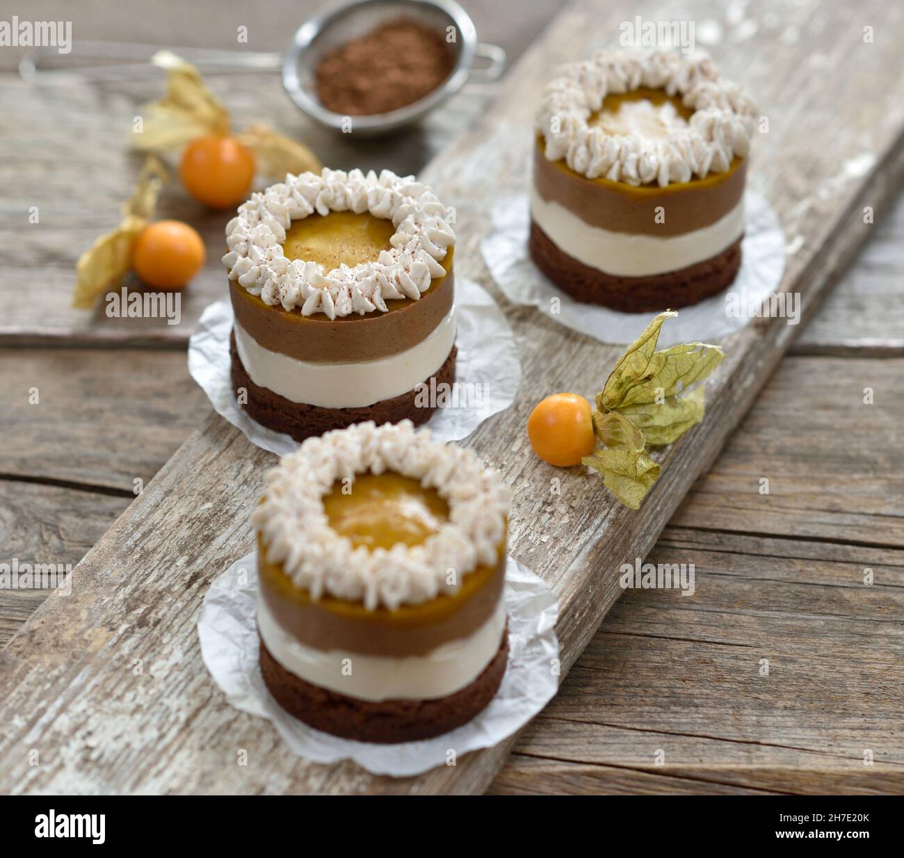 Vegane Schokoladen- und Sauerrahm-Kuchen mit Schokoladenkeksen, Mangosauce und Rahm Stockfoto