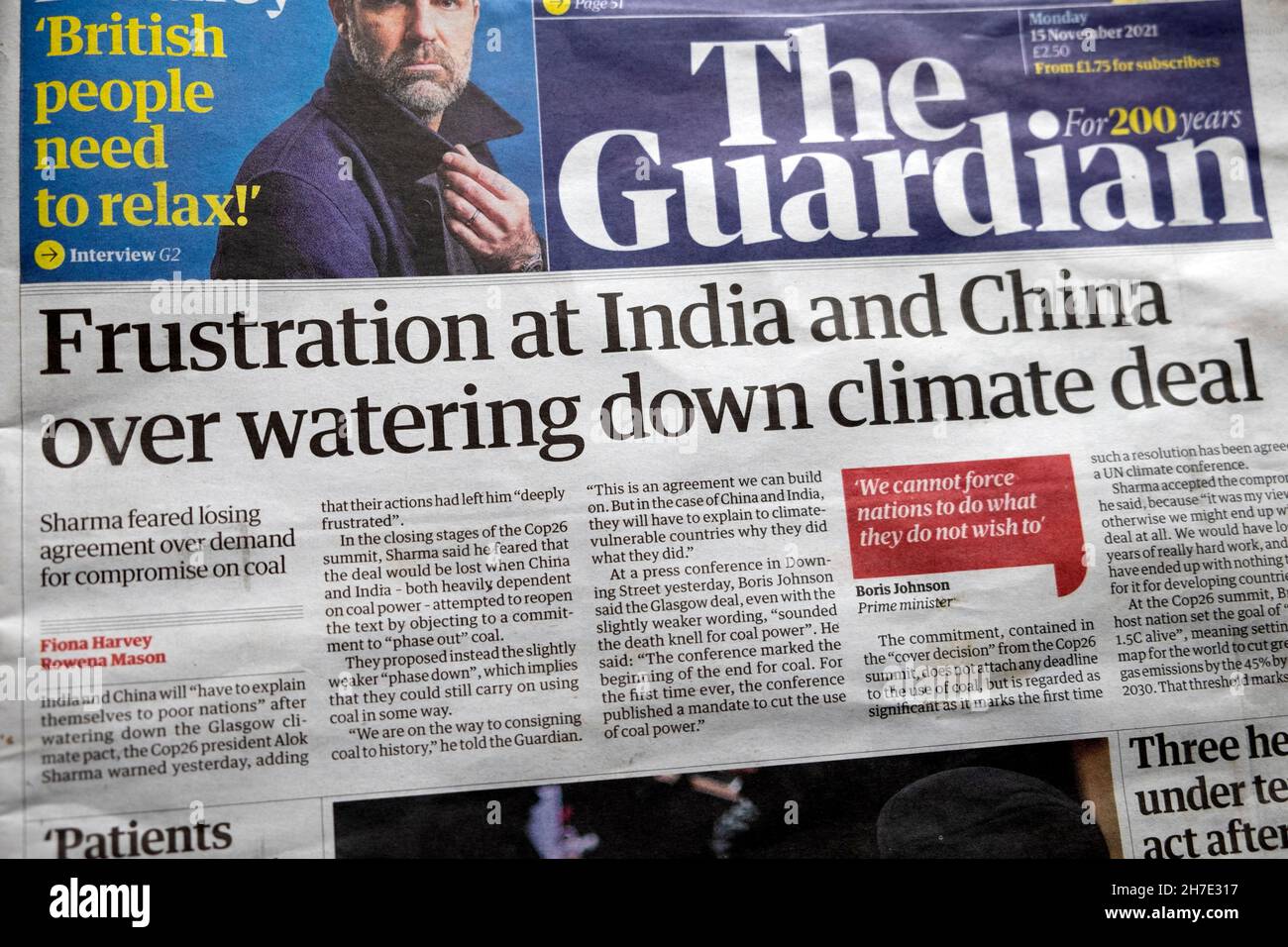 Guardian Global Warming Cop26 headline 'Frustration über die Verwässerung des Klimadeals in Indien und China' 15. November 2021 London Großbritannien Stockfoto