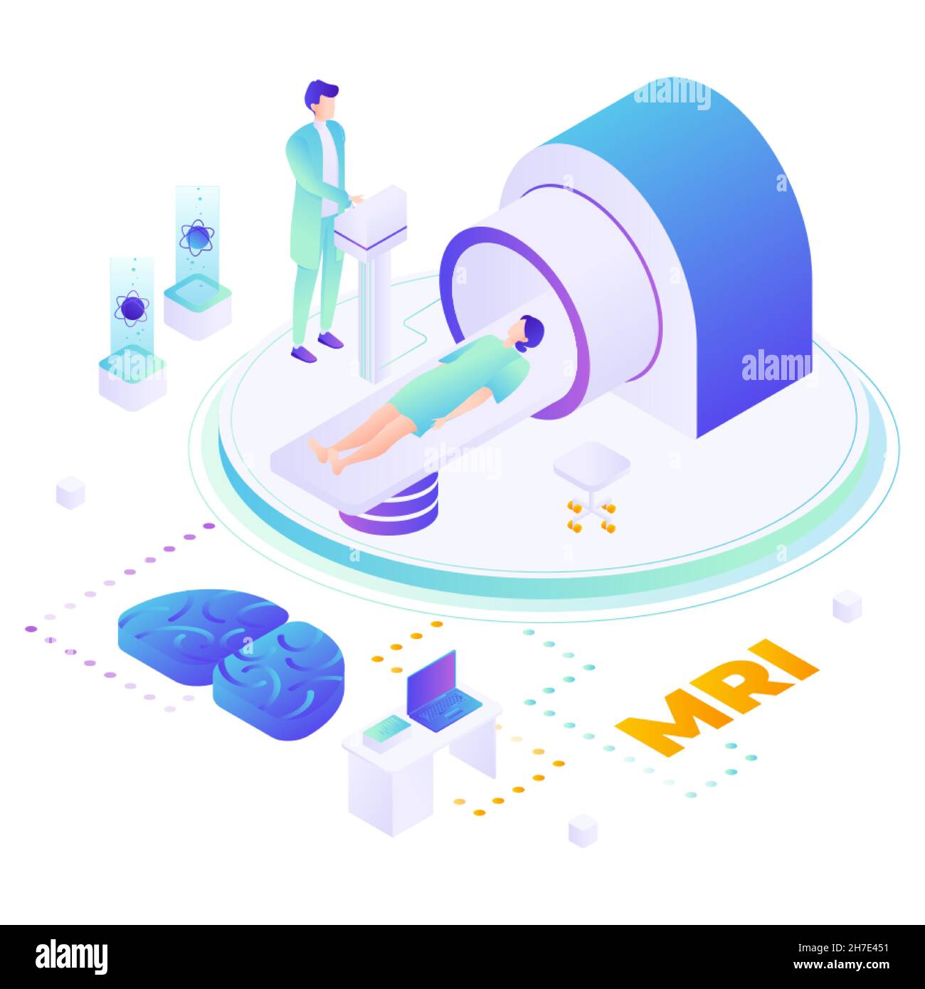 MRT-Untersuchung. Arzt, der eine MRT-Untersuchung des Patienten im Gehirn macht, flache Vektor-isometrische Darstellung. Kopftomographie. Stock Vektor