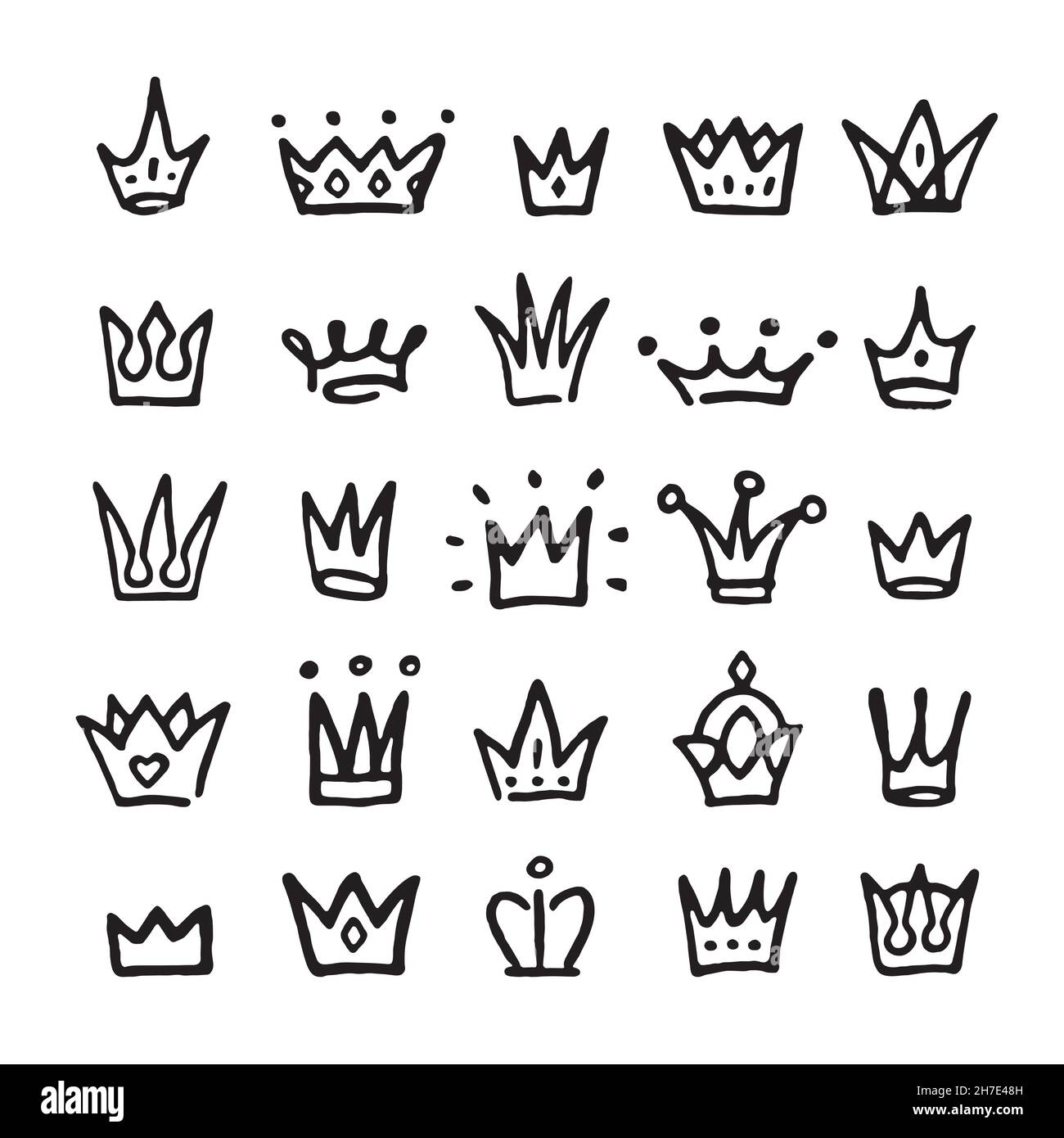 Doodle Queen Kronen. Logo Prinz Krone, schwarze königliche Zeichen. König Tiara, Skizze gekrönte Elemente. Handgezeichnete Baby Prinzessin ordentlich Vektor Embleme Stock Vektor