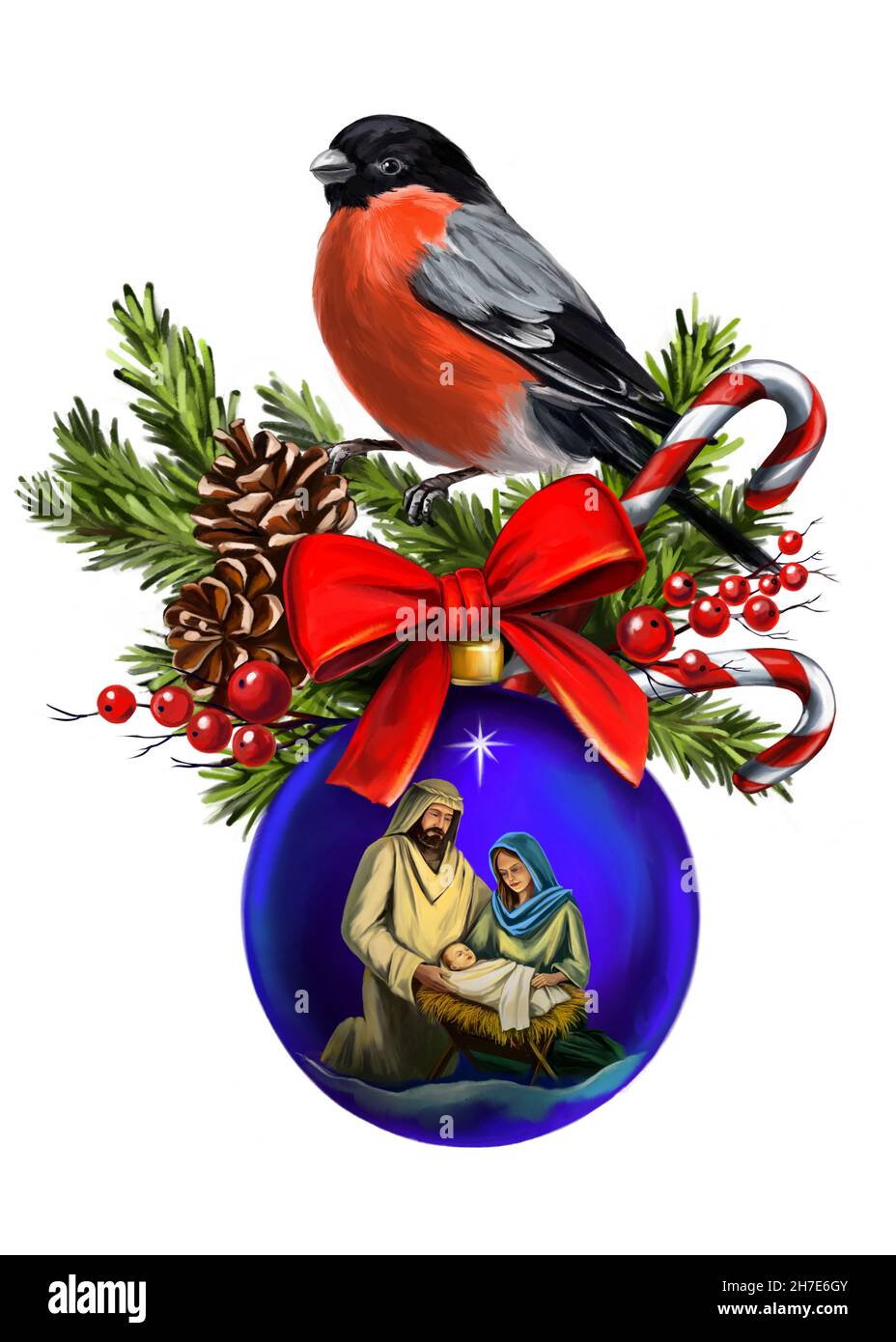 Weihnachtsgeschichte. Weihnachten, Maria, Josef und das Kind Jesus, Sohn Gottes, Weihnachten dekorative Spielzeug mit roter Schleife auf weißem Hintergrund, ar Stockfoto