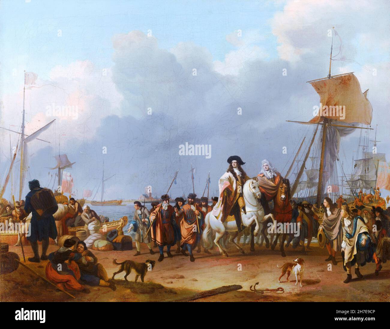 Die Ankunft des Stadholder-Königs Willem III. (1650- 1702) im Oranjepolder am 31. Januar 1691 durch den niederländischen Künstler Ludolf Backhuysen ( Ludolf Bakhuizen : 1631-1708), Öl auf Leinwand, 1692 Stockfoto