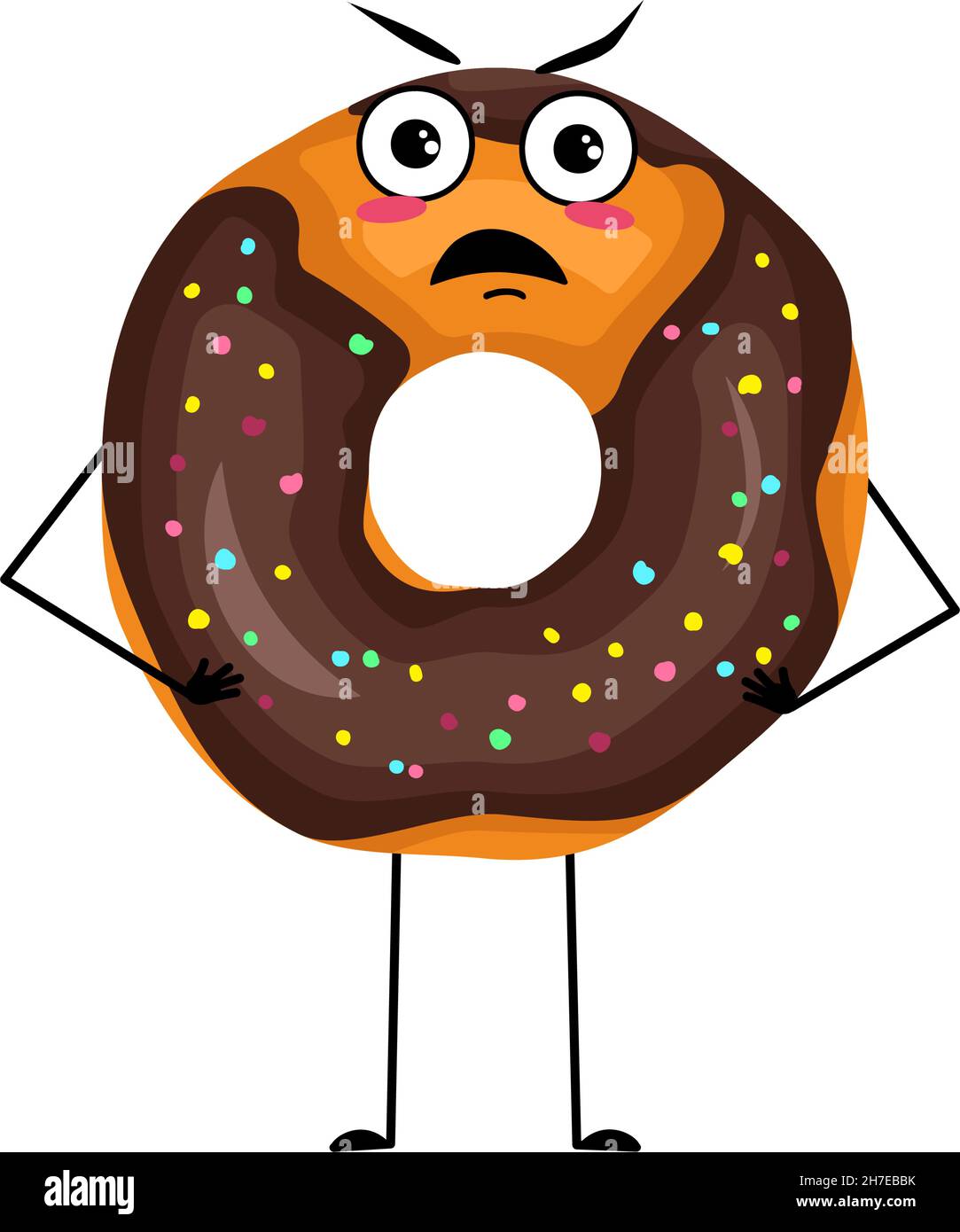 Niedliche glasierte Donut-Figur mit wütenden Emotionen, mürrem Gesicht, wütenden Augen, Armen und Beinen. Der verärgerte Mann backt Dessert mit wütendem Ausdruck. Vektorgrafik flach Stock Vektor