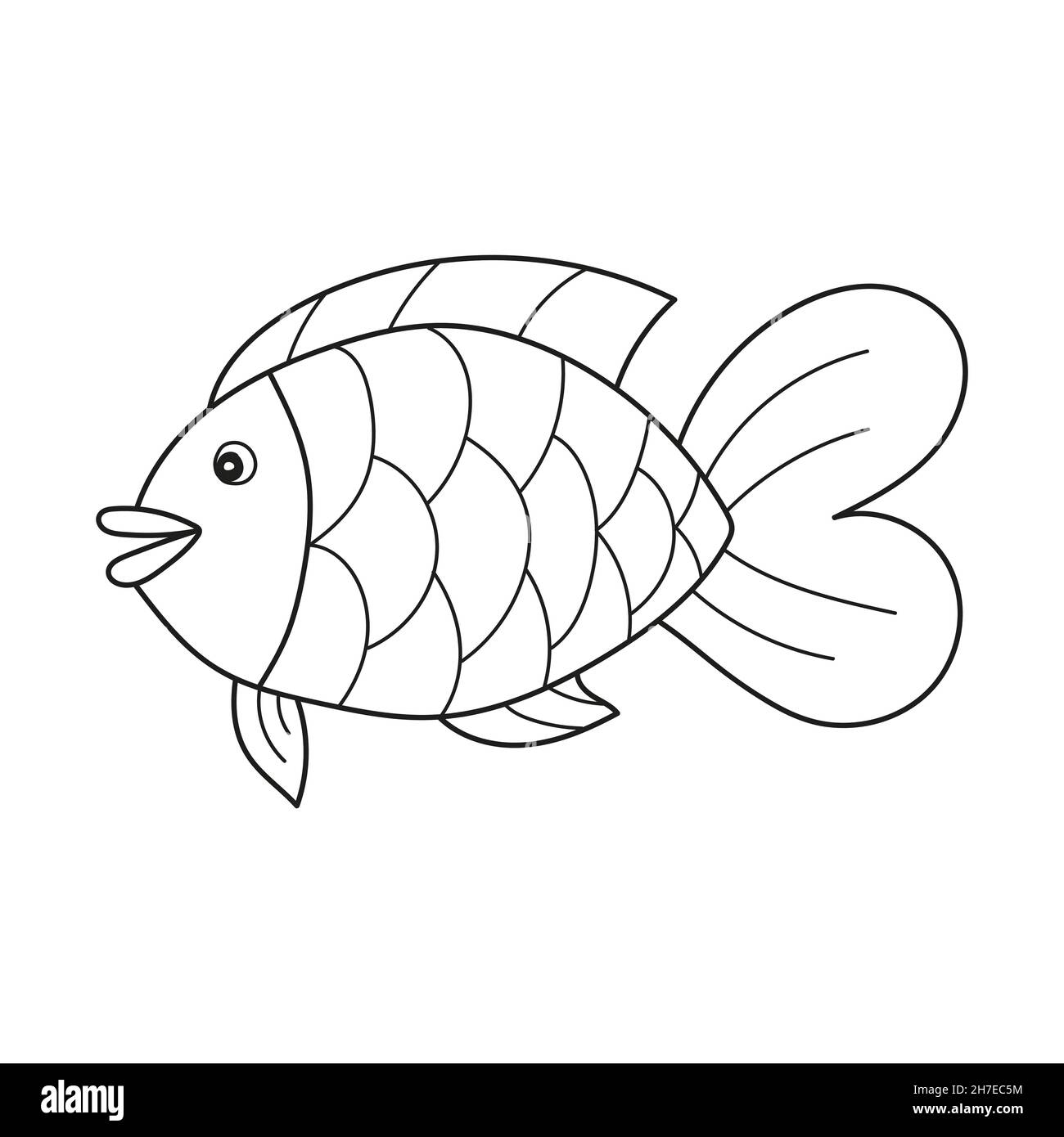 Einfache Malseite. Zeichenarbeitsblatt für Kinder im Vorschulalter mit einfacher Spielstufe - Fisch Stock Vektor