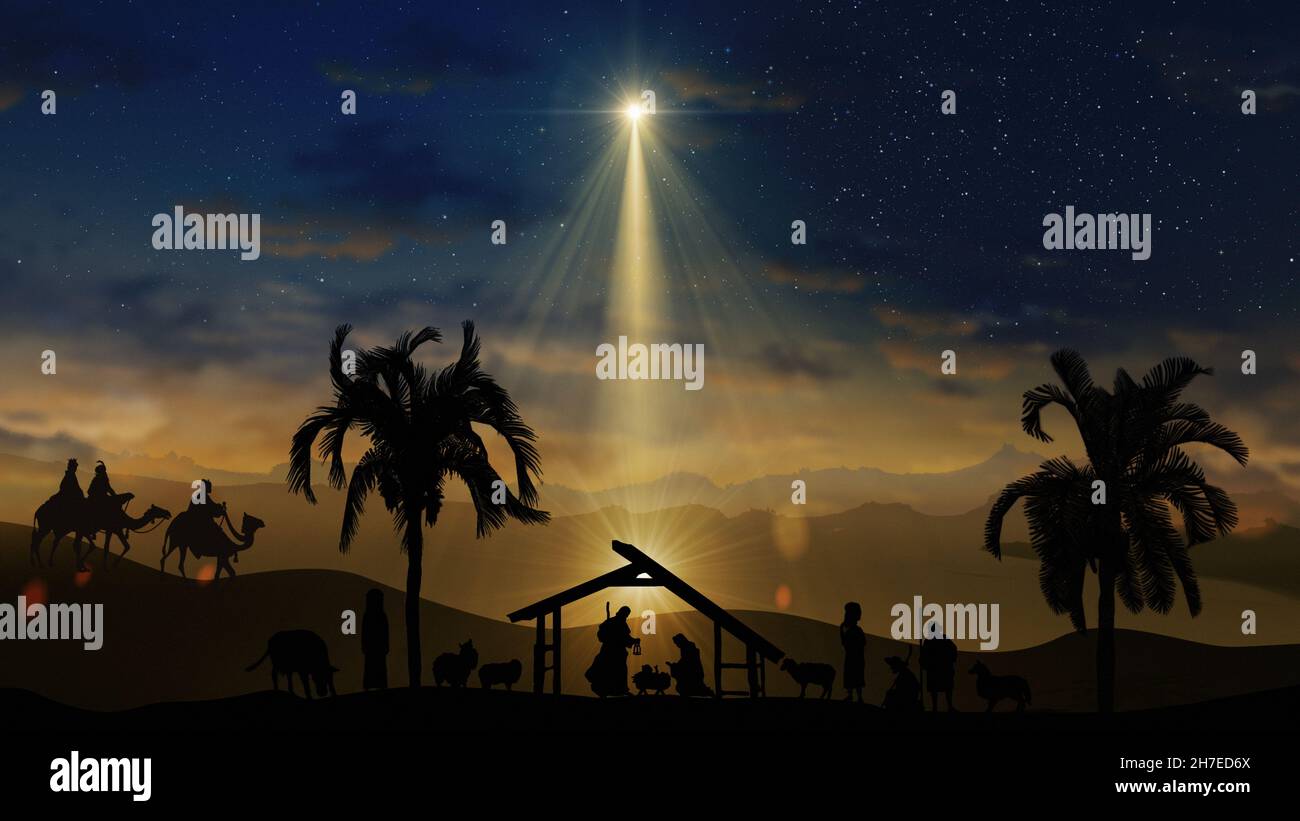 Weihnachtsszene mit funkelnden Sternen und helleren Stern von Bethlehem mit Krippen animierte Tiere und Bäume. Krippe Weihnachtsgeschichte unde Stockfoto