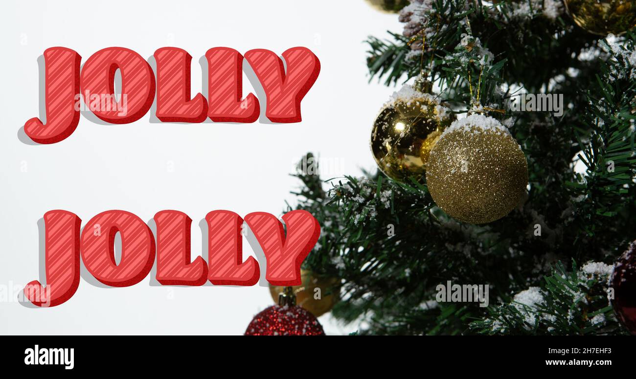 Bild von fröhlichem Text in Wiederholung über weihnachtsbaum Stockfoto