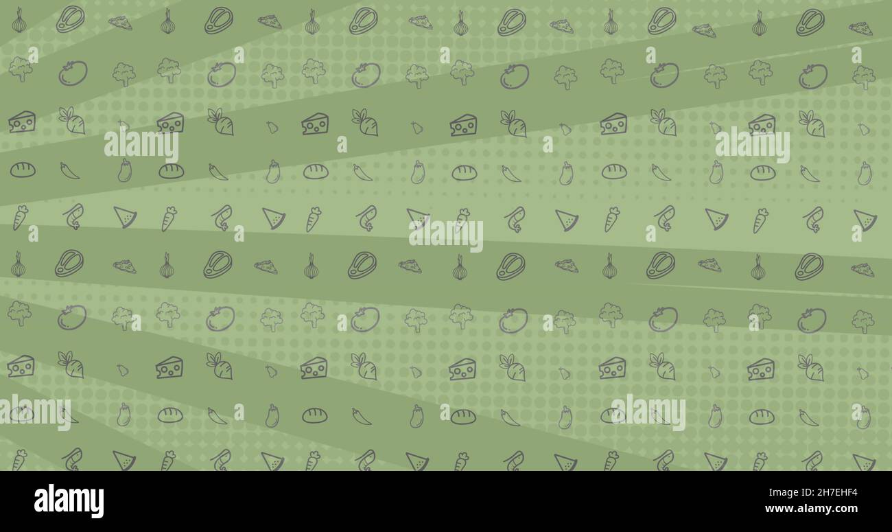 Abbildung der Abbildung mit Reihen von Symbolen über grünen sich drehenden Streifen Stockfoto