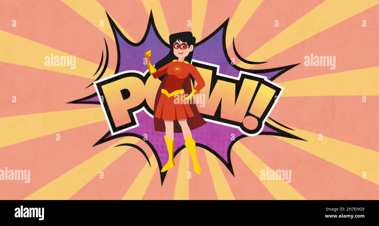 Bild der Illustration von Pow Text mit lächelndem Mädchen im Superhelden-Kostüm Stockfoto