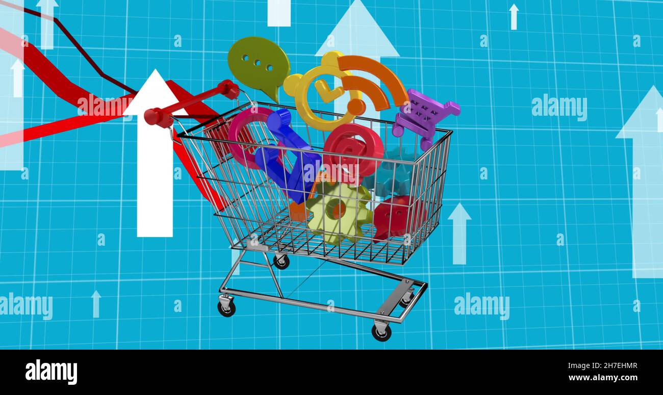 Bild mit nach oben zeigenden Pfeilen und roten Linien, die über dem Einkaufswagen mit digitalen Symbolen verarbeitet werden Stockfoto