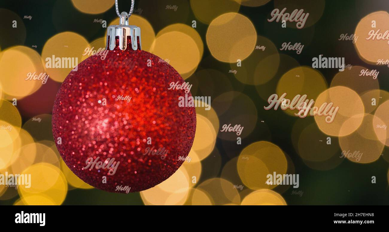 Bild von Stecheltext in Wiederholung über weihnachtskugel auf schwarzem Hintergrund Stockfoto