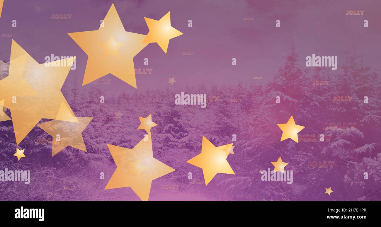 Bild von fröhlichem Text und fallenden goldenen Sternen über schneebedeckten weihnachtsbäumen auf dem Feld Stockfoto