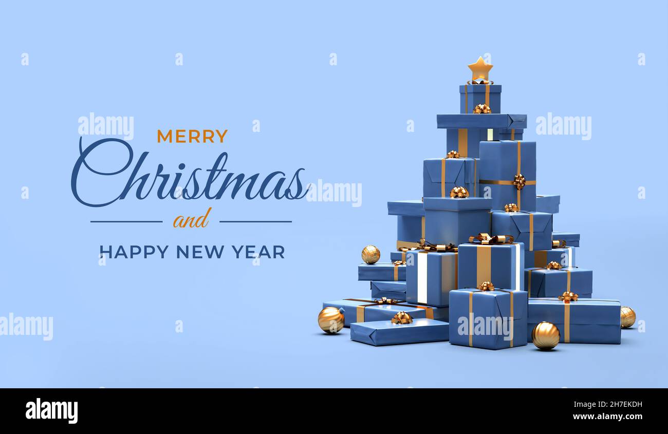 Frohe Weihnachtskarte mit einem Stapel von Geschenken in Form eines Weihnachtsbaums. Weihnachten und glückliches neues Jahr Typ für Banner-Design in 3D Illustration Stockfoto