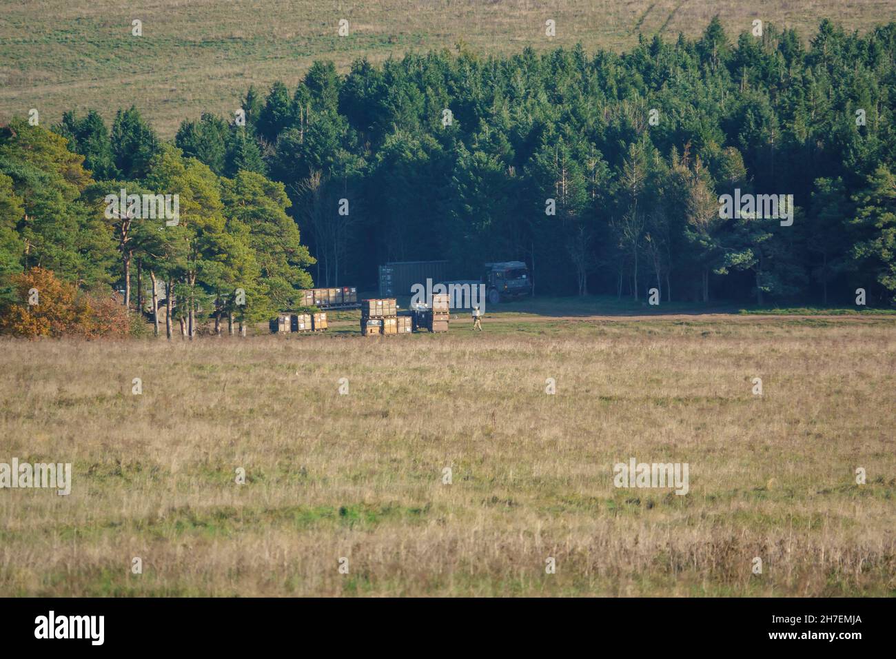 Metallschiffcontainer versteckt zwischen Wäldern und geschützt von britischen Infanteriesoldaten bei einer militärischen Übung, Wiltshire UK Stockfoto