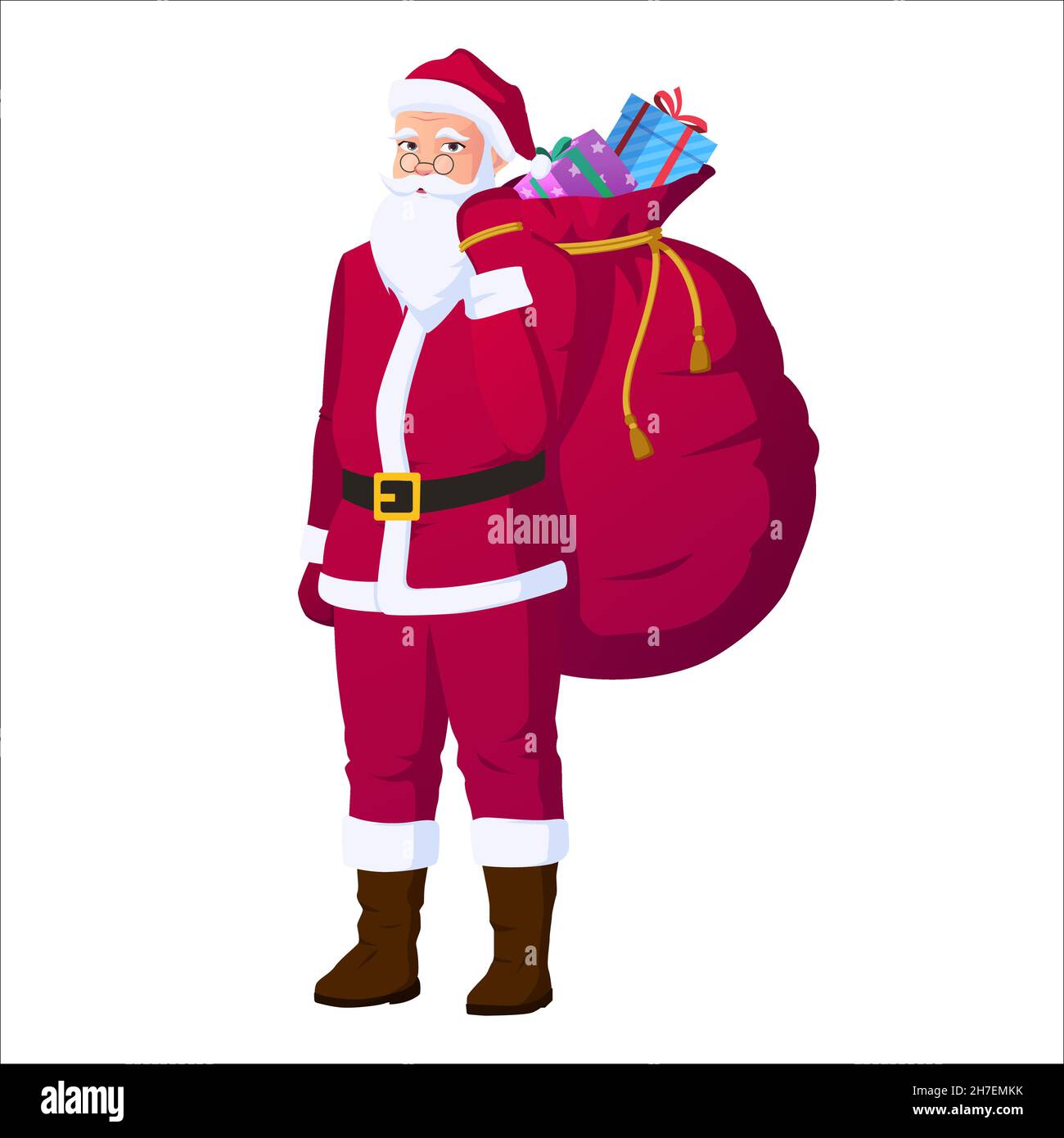 Weihnachtsmann Trägt Große Geschenktasche, Weihnachten Vektor Illustration Stock Vektor