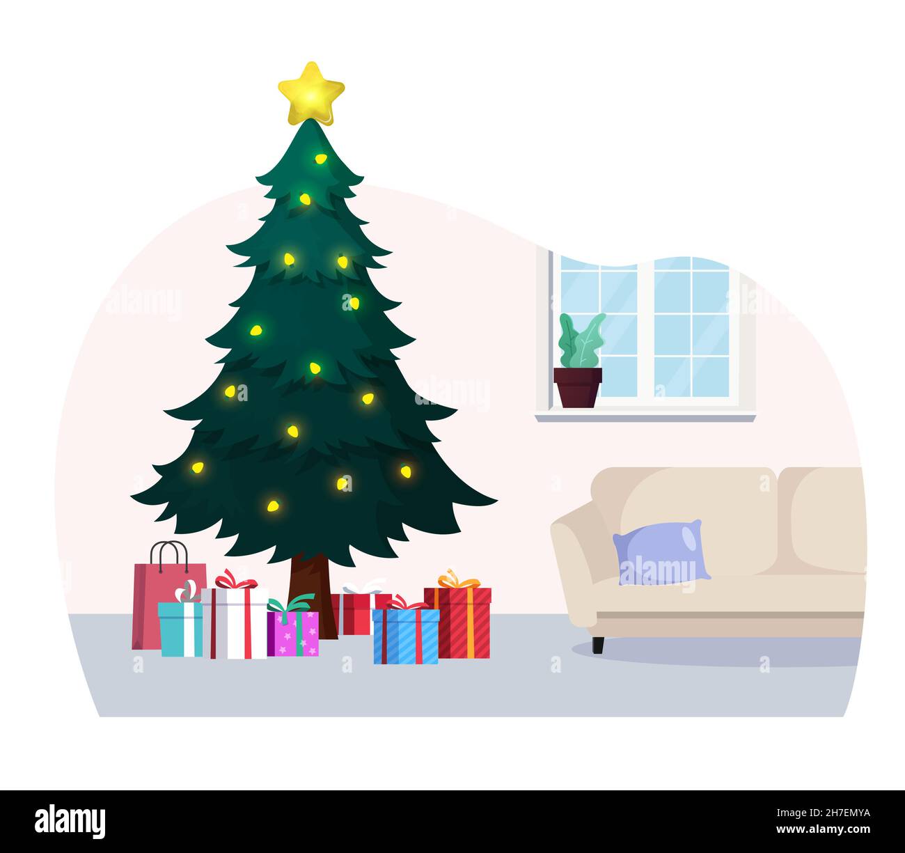 Weihnachtsbaum Mit Geschenken Im Haus Illustration Stock Vektor