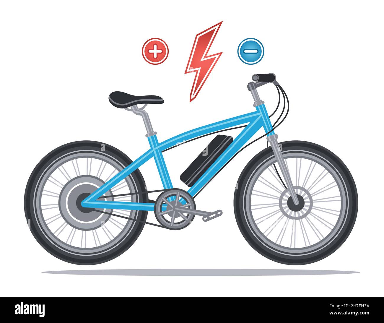 Elektrofahrrad mit elektrischem Radmotor. E-Bike, Hybridfahrrad mit Elektromotor, Pedalassistent, Akku-Akku. Vektor Stock Vektor