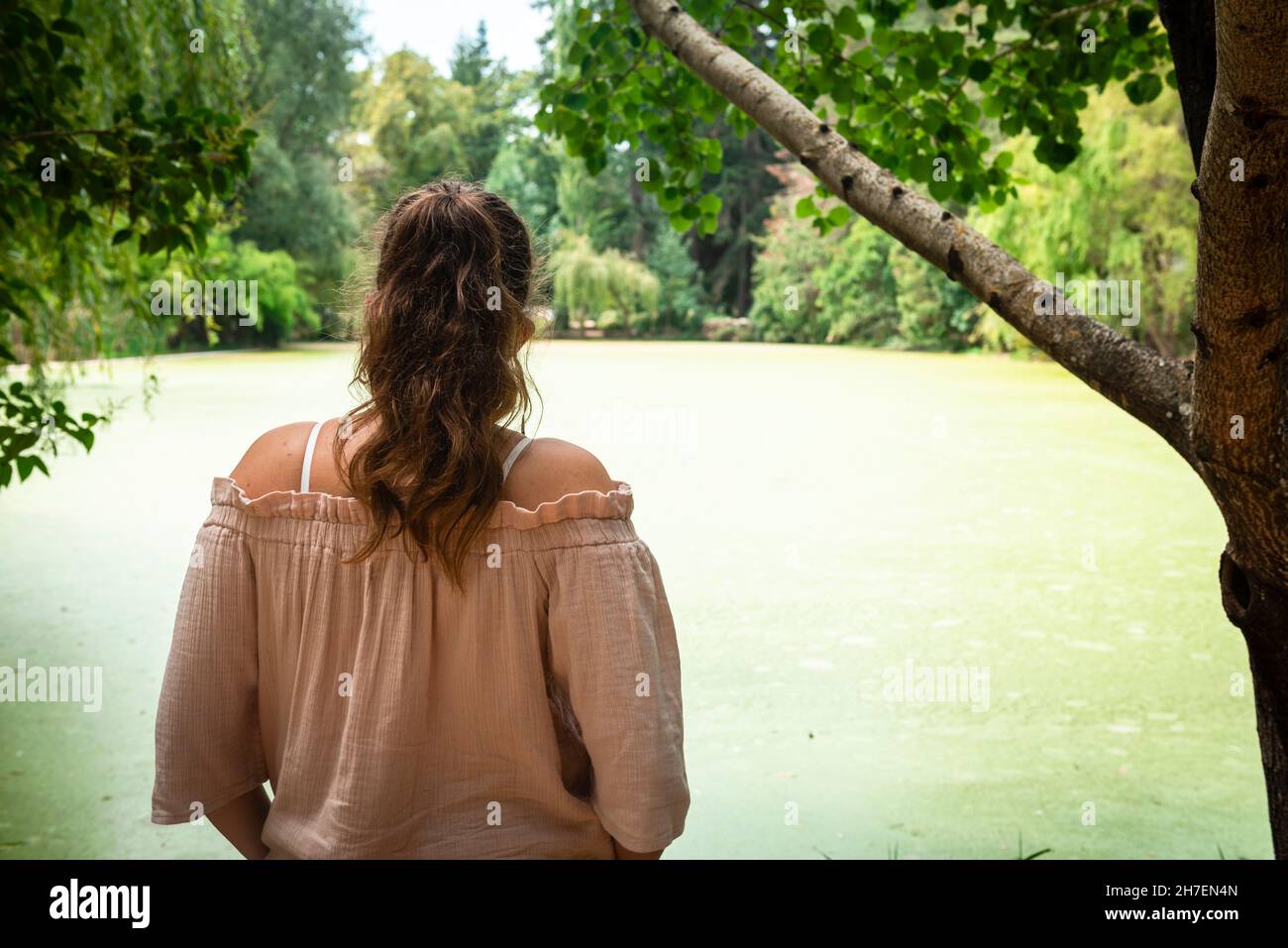 Junge Frau mit Zöpfen auf dem Rücken und Blick auf einen kleinen See, der von Bäumen umgeben ist, in entspannter Atmosphäre. Stockfoto