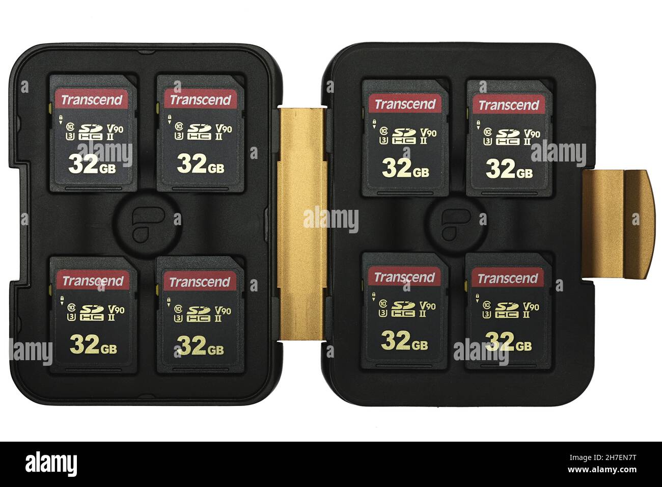 32 GB Transcend 700S UHS-II SD-Karten im PolarPro Slate-Gehäuse isoliert auf weißem Hintergrund Stockfoto