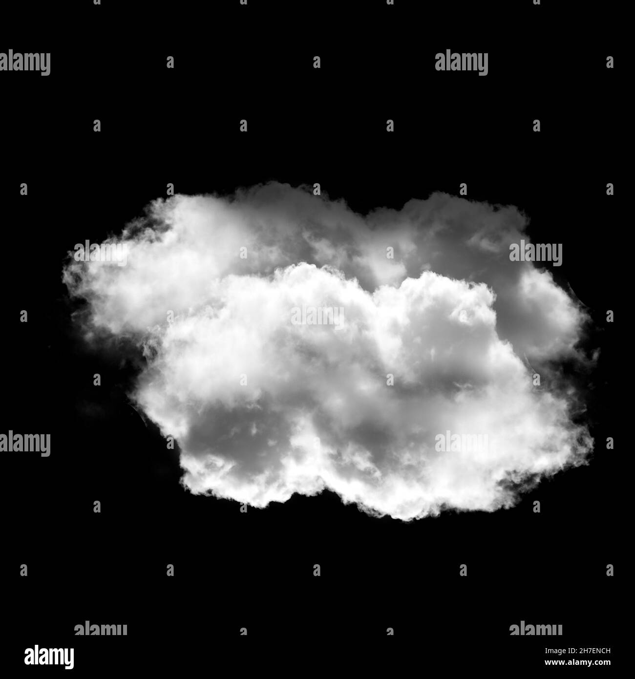 Weiche weiße Wolkenform isoliert auf schwarzem Hintergrund, 3D realistische Illustration, Single Cloud 3D Rendering Stockfoto