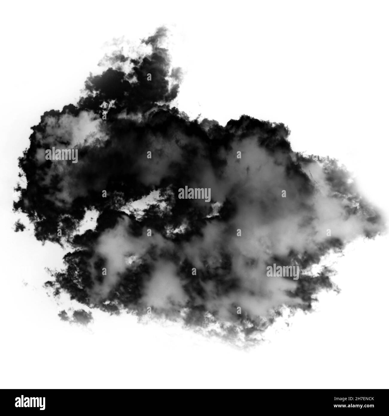 Rauchwolkenform isoliert auf weißem Hintergrund, 3D realistische Illustration, Single Cloud 3D Rendering. Tintenfleck, dreckiger Fleck Stockfoto