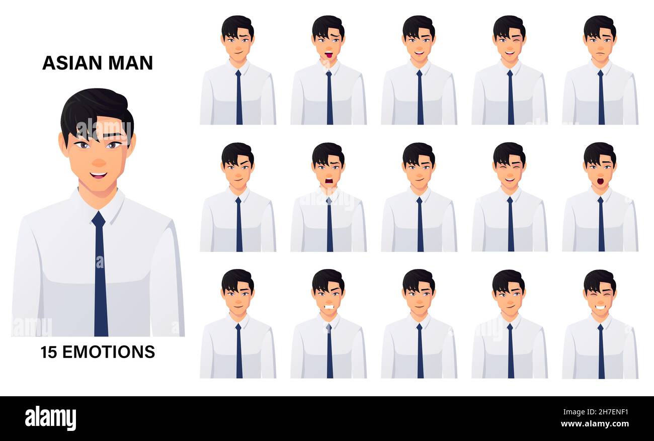 Asiatischer Geschäftsmann Trägt Weißes Hemd 15 Emotionen Und Gesichtsausdrücke, Glücklich, Traurig, Aufgeregt, Lächelnd Premium Vector Stock Vektor
