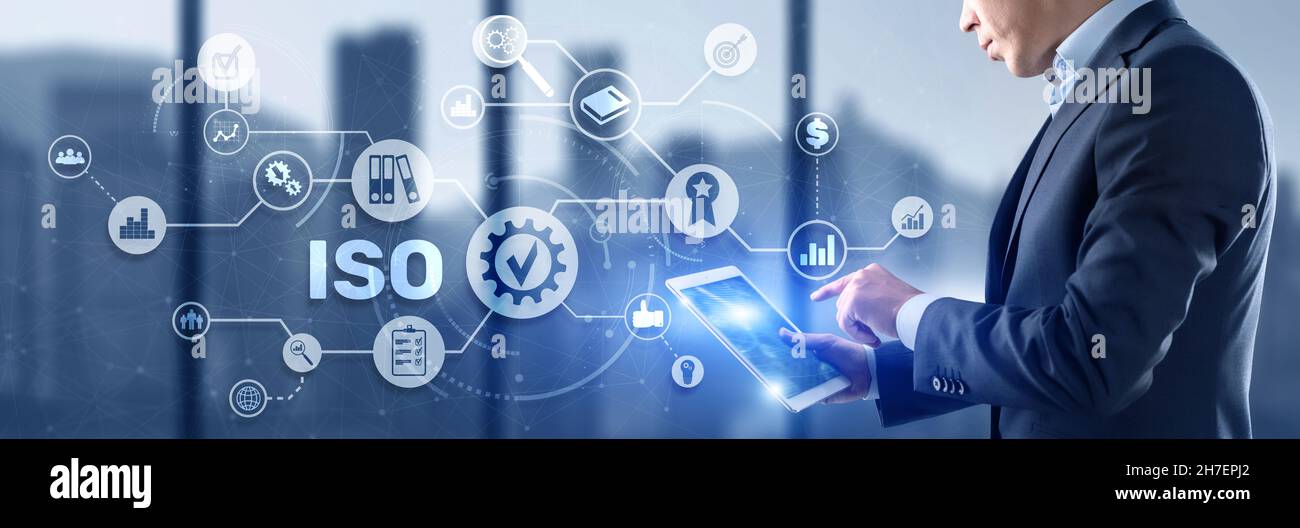ISO-Zertifizierungskonzept Standard Qualitätskontrolle. Internationaler Informationssicherheitsstandard. Stockfoto