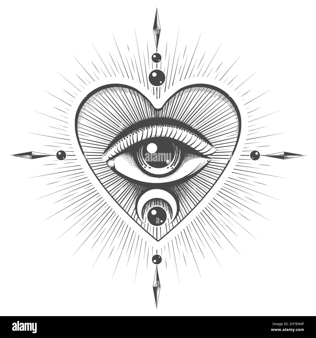 Eoteric Tattoo of All Seeing Eye mit mystischen Symbolen in Strahlen des Lichts. Vektorgrafik Stock Vektor