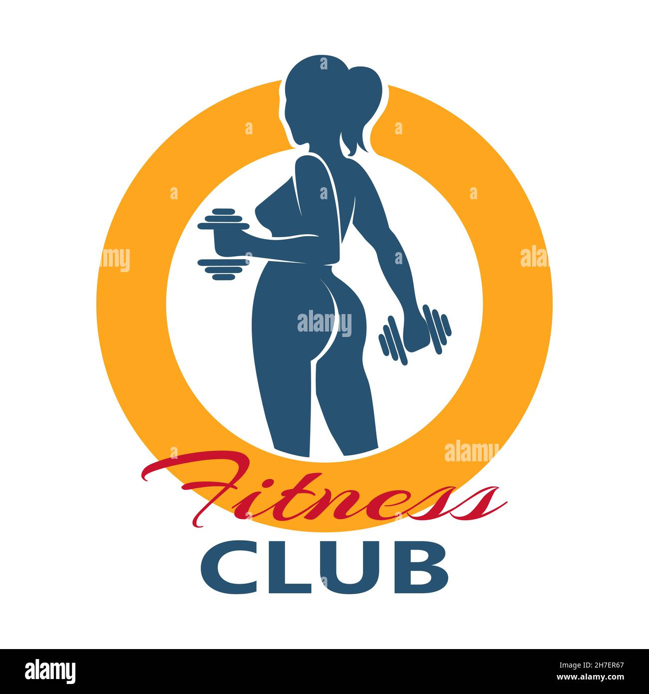 Logo oder Emblem des Fitnessclubs mit Frau-Silhouette. Frau hält Kurzhanteln. Isoliert auf weißem Hintergrund. Stock Vektor