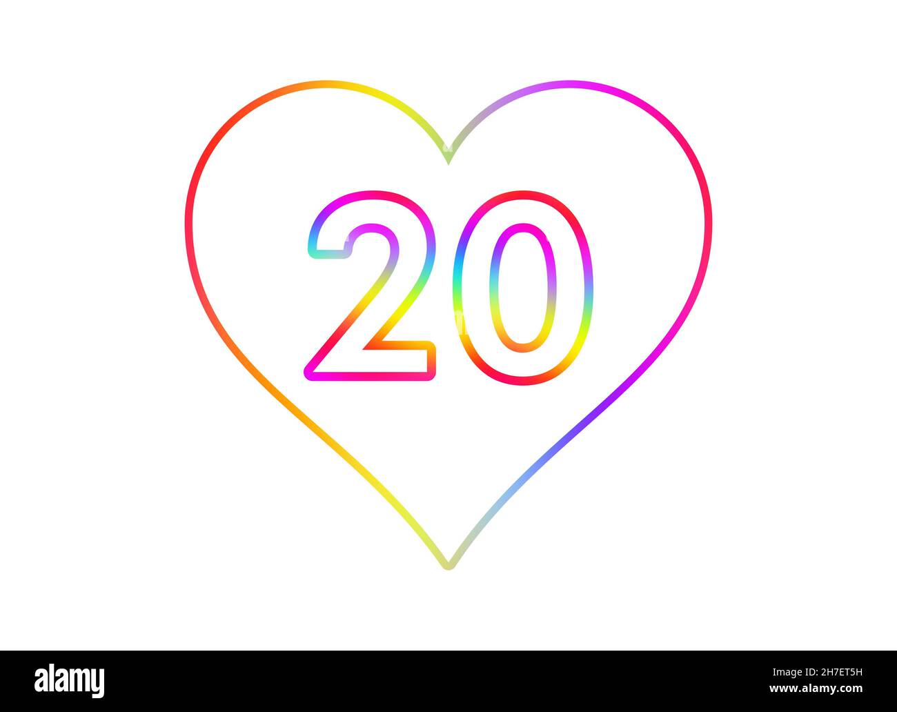 Nummer 20 in ein weißes Herz mit Regenbogenfarben umrandet. Stockfoto