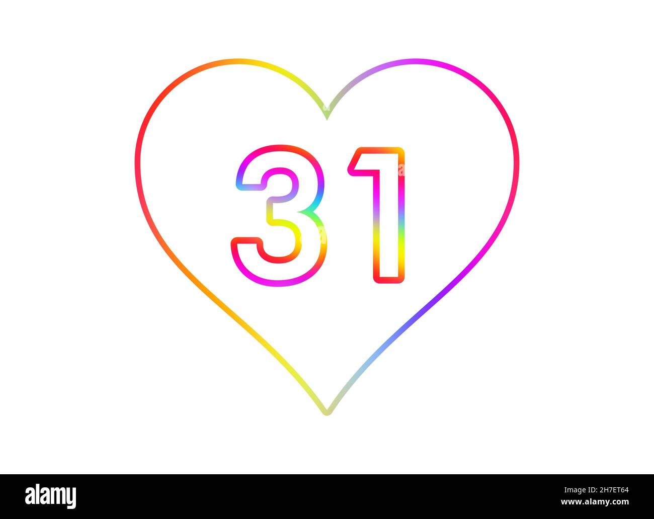 Nummer 31 in ein weißes Herz mit Regenbogenfarben umrandet. Stockfoto