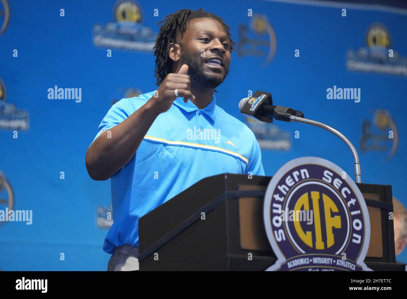 San Diego Chargers Ex läuft zurück LaDainian Thomlinson spricht auf der CIF Southern Section Football Championship Championship 45th Pressekonferenz, Montag, Nein Stockfoto