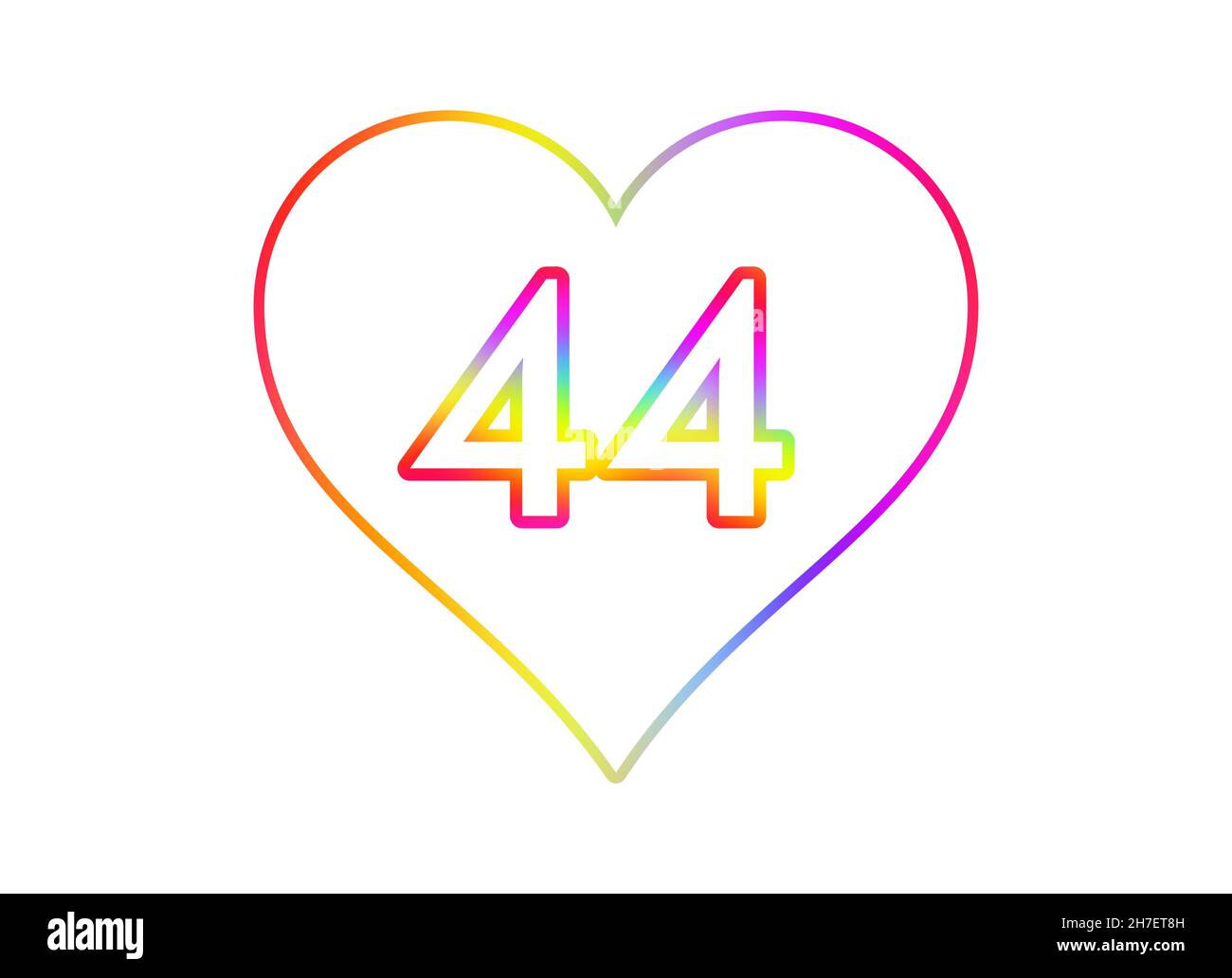 Nummer 44 in ein weißes Herz mit Regenbogenfarben umrandet. Stockfoto