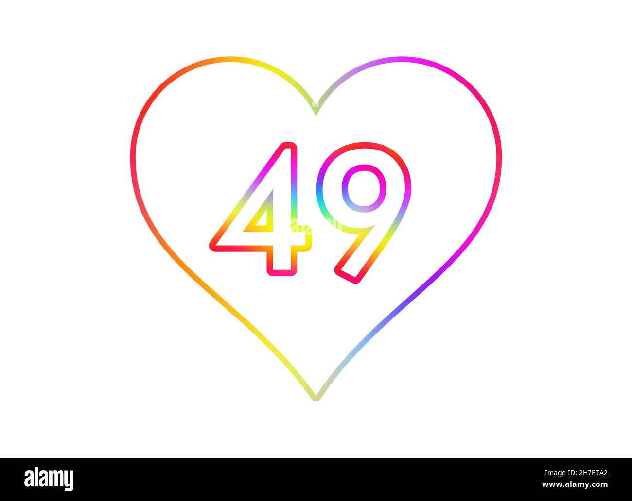 Nummer 49 in ein weißes Herz mit Regenbogenfarben umrandet. Stockfoto
